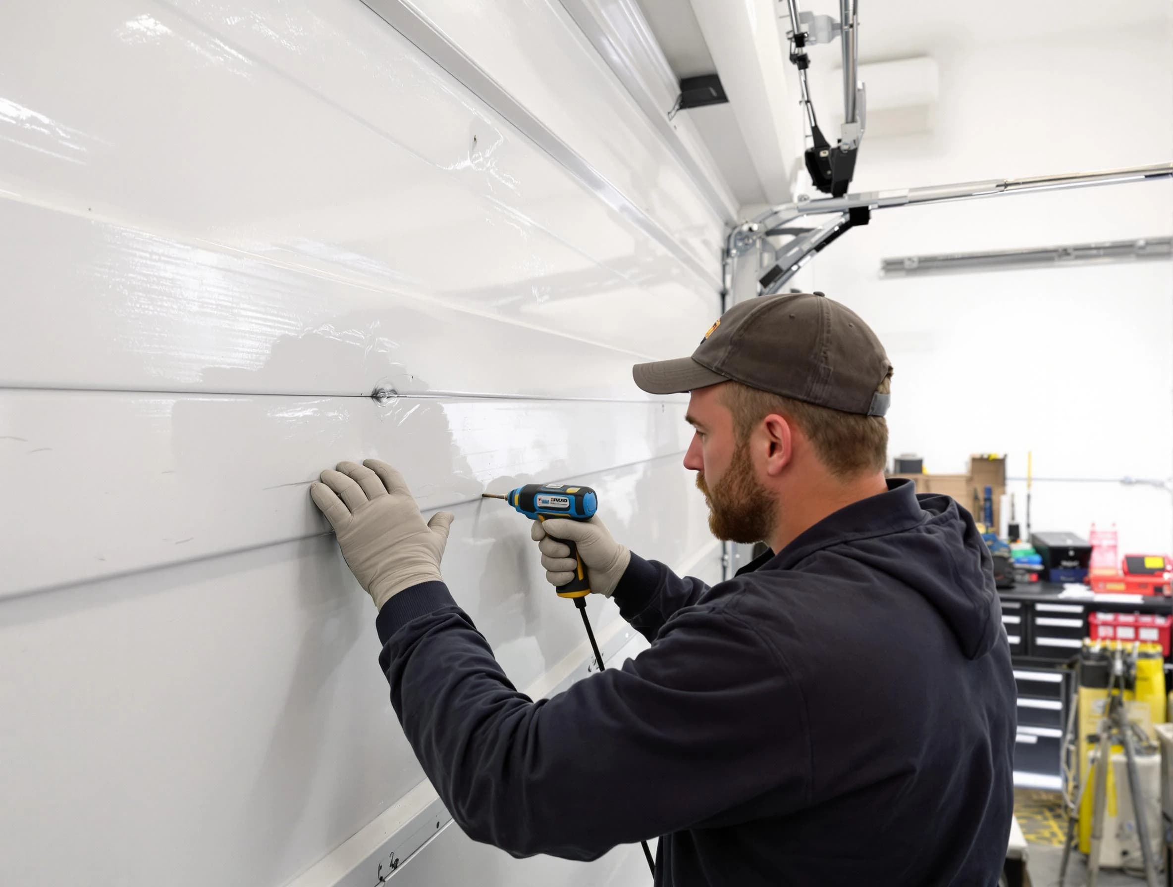 Midvale Garage Door Repair technician demonstrating precision dent removal techniques on a Midvale garage door